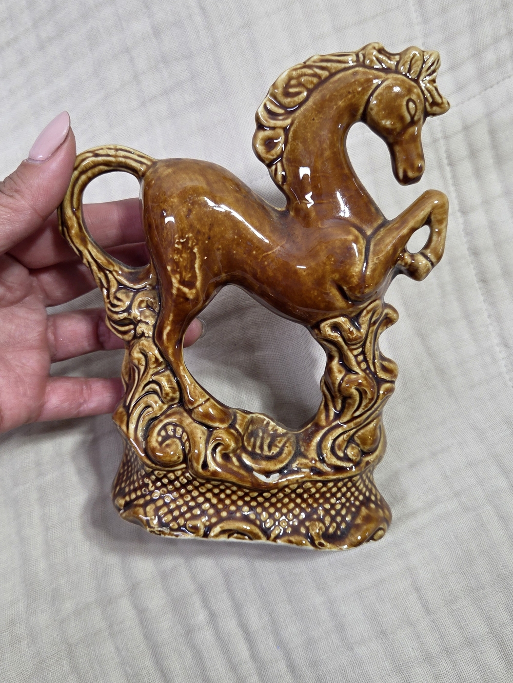 Vintage Mid Century Brazil Ceramic Rearing Horse Figurine Glazed Caramel Brown 5